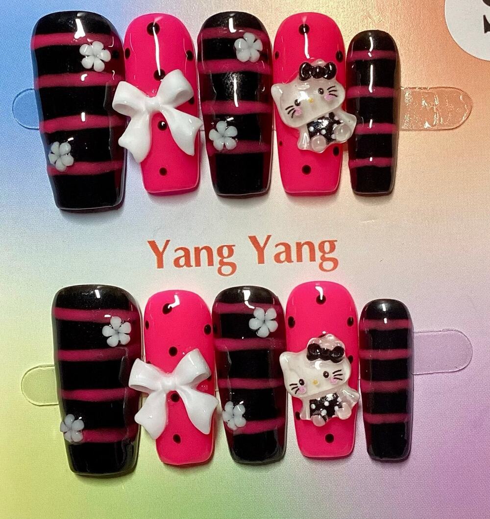 Kawaii Y2K Hot Pink Black Hello Kitty Square Handmade Press-On Nails Large